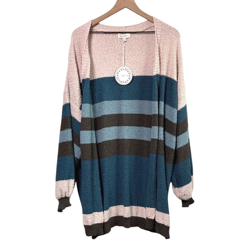 Umgee 1X Striped Open Front Textured Cardigan‎ Pink Blue Olive Poly Blend New